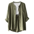 thumbnail image 4 of Idoravan Womens Sets 2 Piece Outfits Women's Summer Two Piece Neck Long Sleeve Button up Shirts with Pocket High Waist Drawstring Large Shorts Casual Set, 4 of 5