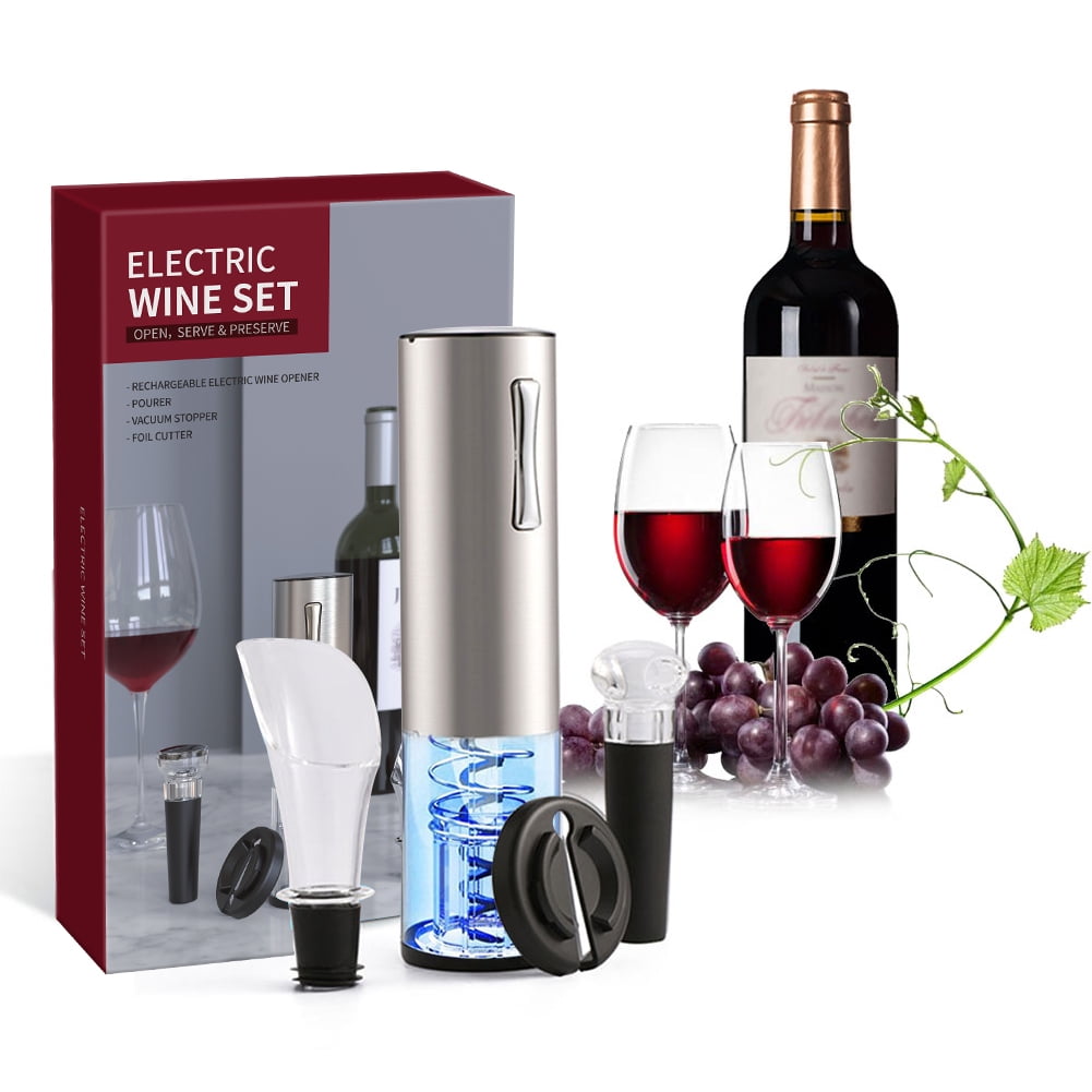 Electric Wine Opener Set,Automatic Cordless Electric Corkscrew Wine Accessory Set with Air Pump Wine Opener,Wine Stopper,Aerator Pourer,Best Gift for Christmas,Thanksgiving,Wedding,6 in 1 Gift Set 
