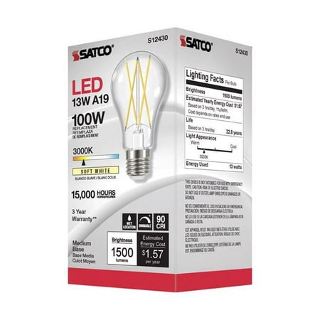 

Satco 3012390 A19 E26 Medium Filament Soft White 100W Equivalence LED Bulb
