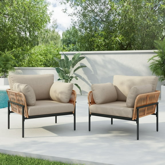 GDF Studio Modern Outdoor Patio Lounge Chairs, Club Chairs with Rope Accents, Iron Frames, Cushions, Natural Beige, Set of 2