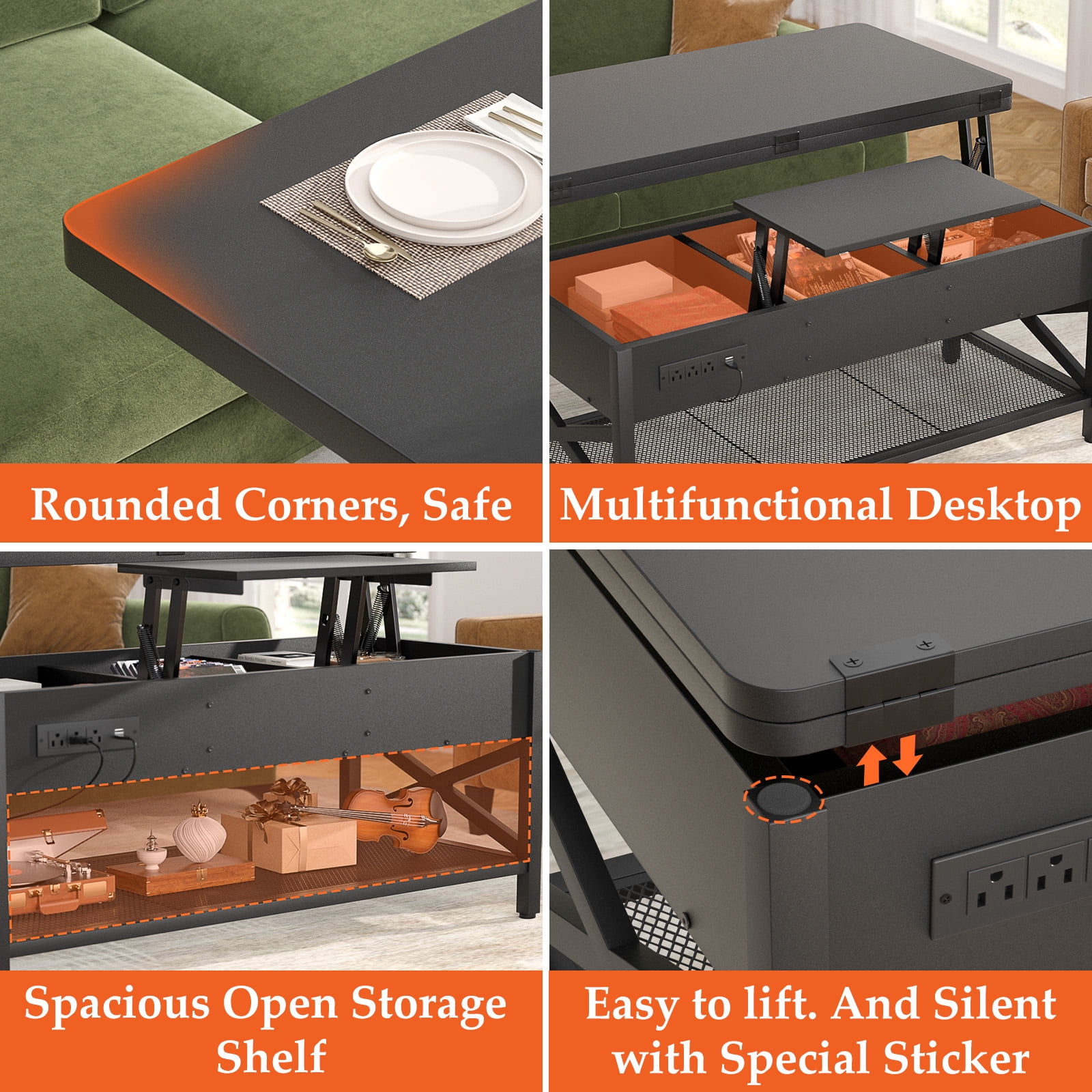 Homieasy Coffee Table Lift Top with LED Light and Power Outlet, Multi-Function Coffee Table Converts to Dining Table, Center Table with Shelves for Living Room Reception Home Office, Black