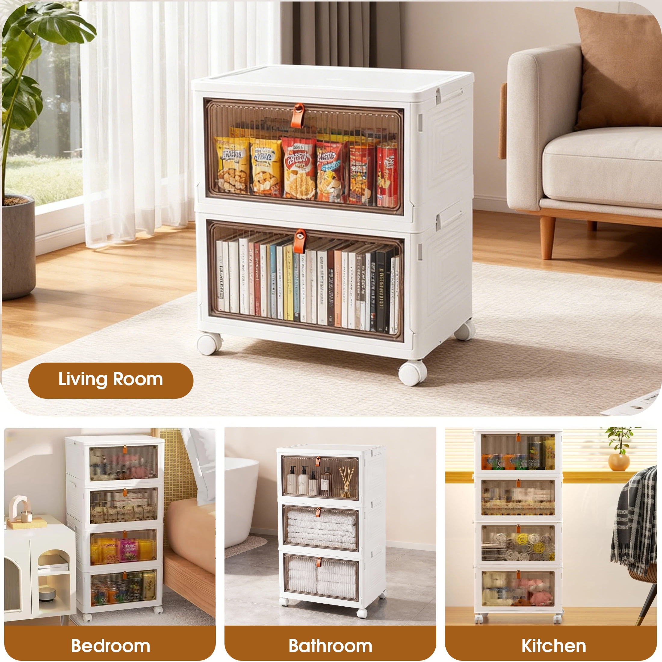 4 Tier Stackable Storage Bins with Lids, 92 QT Foldable Storage Cabinet with Doors and Wheels, Plastic Storages Drawers Closet Organizers for Bedrooms, Living Rooms Dorm, White