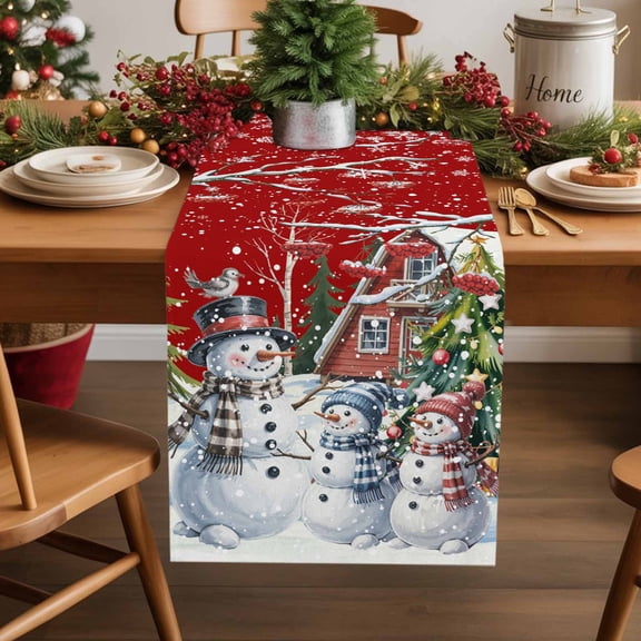 Christmas Snowman Snowflakes Table Runner 13x60in Non-Slip Cotton Linen Table Runners, Winter Red Farmhouse Dresser Scarves TableRunner for Dinner Kitchen Dining Wedding Party