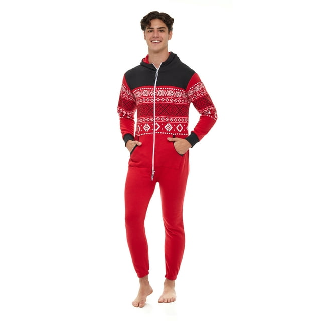 Men One Piece Non Footed Printed Pajamas, Adult Sleepwear with Hood