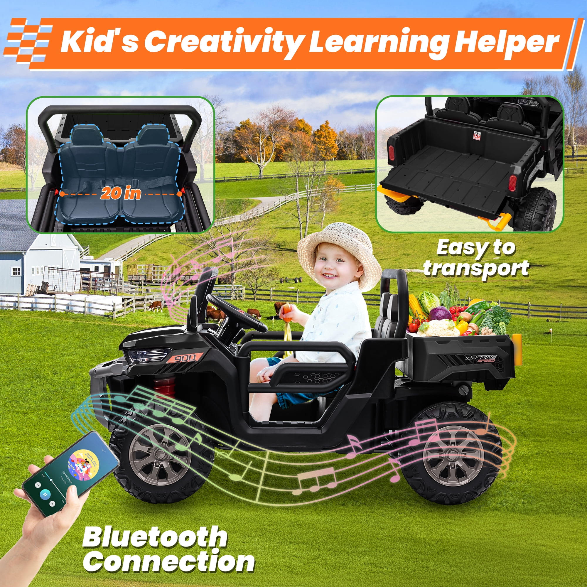 Joyracer 24 Volt Ride on Toys, 4WD Ride on Dump Truck for Kids, 2 Seater Ride on Car with Remote, Electric Power Car Wheels Toys with Trailer & Shovel, MP3/Bluetooth Music, Black