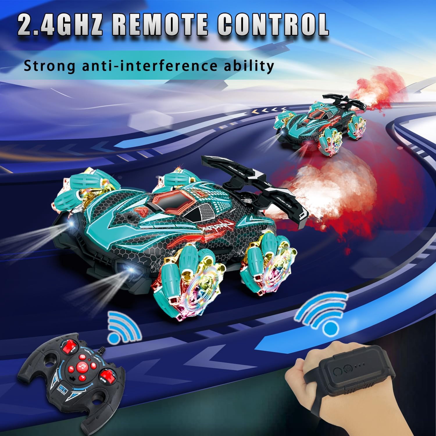Funtogether Toys RC Gesture Sensing Stunt Car with Spray, Lights & Music, 360° Rotating 4WD Transforming Remote Control Car for Boys Ages 6–12