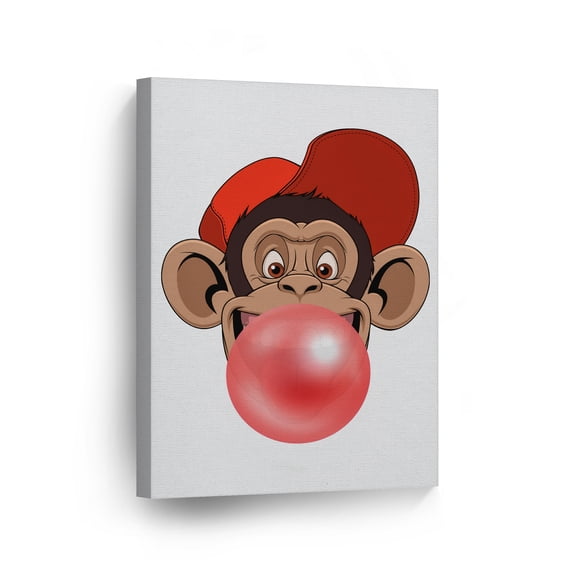 Smile Art Design Funny Young Monkey Gorilla with Cap Animal Bubble Gum Art Red Chewing Gum CANVAS PRINT Wall Art Home Decor Pop Art Living Room Kids Room Decor Made in USA 40x30