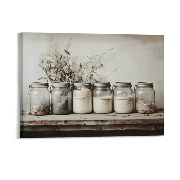 Potopok Country Spice Still Life Home Decor For Dining Room, Wood Framed Vintage Kitchen Wall Art With Frame, Rustic Farmhouse Mason Jar Canvas Painting Pictures,16x12