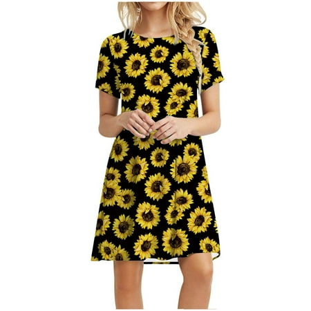 

YanHoo Women s Beach Dresses Summer Short Sleeve Sunflower Print Swing Dress Loose Casual Tunic Dress