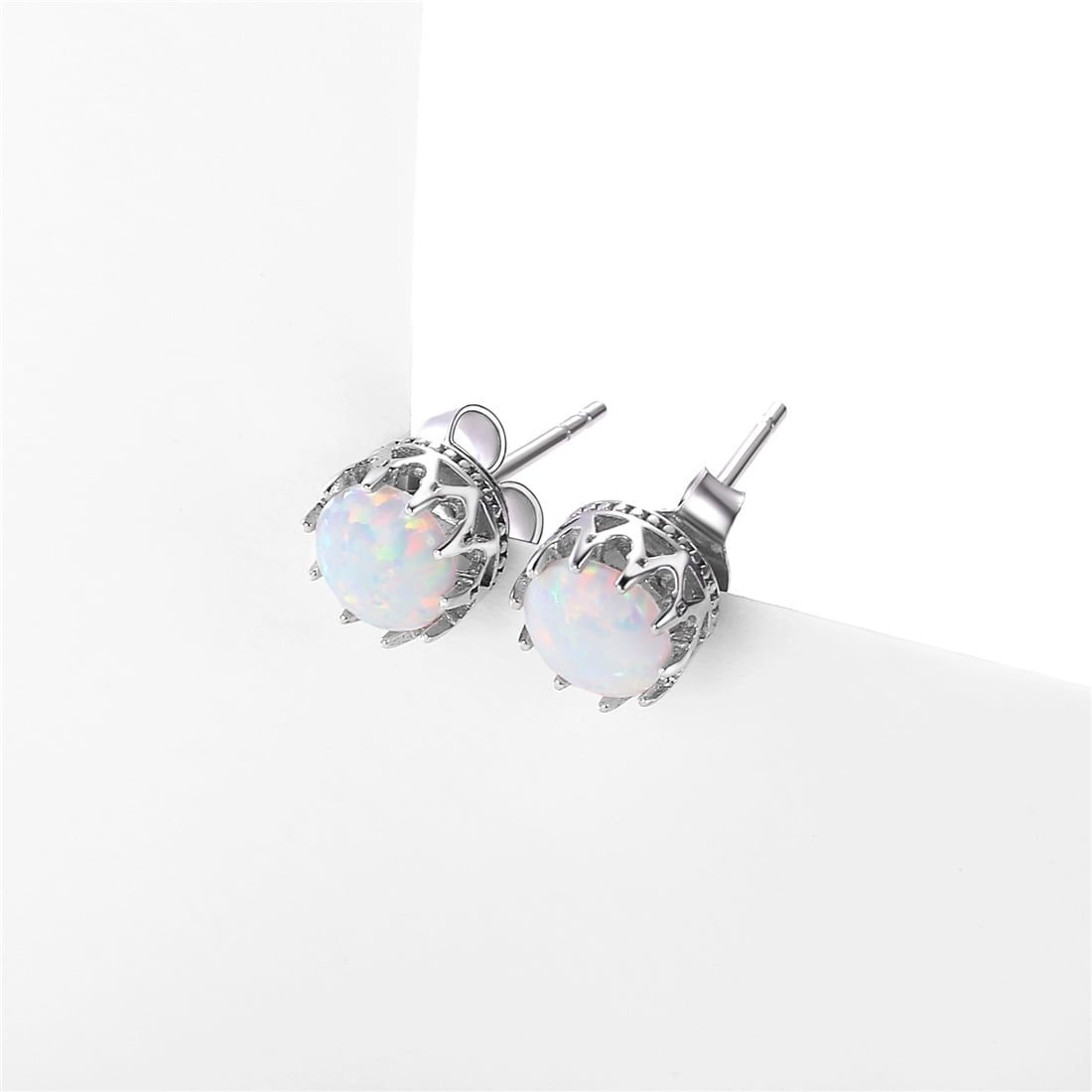 ChicSilver Round Crown Stud Earrings for Women 925 Sterling Silver Created White Opal Zircon Studs Jewelry Gift Hypoallergenic Earrings for Sensitive Ears