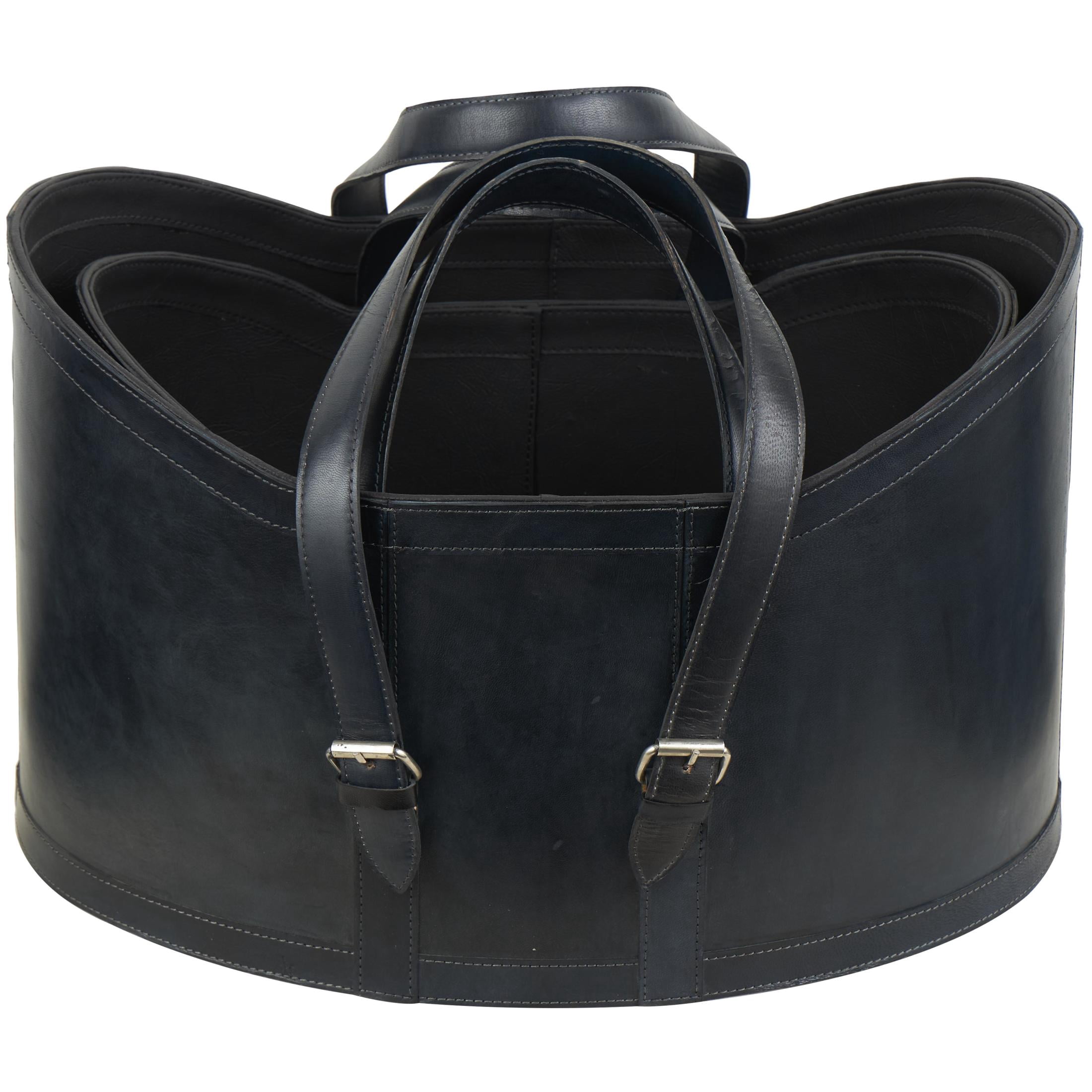DecMode 21", 19"W Dark Blue Leather Handmade Magazine Holder with Handles (Set of 2)