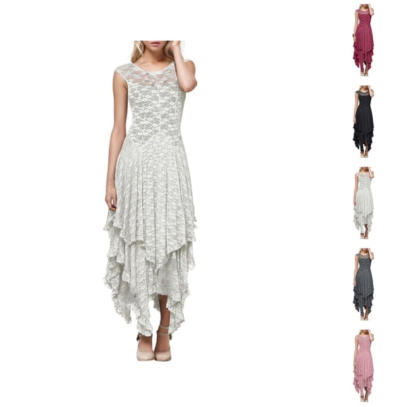 Long Dresses for Women Sleeveless Backless Asymmetrical Layered Lace Slim Fit A Line Midi Dress Wedding Guest Dress