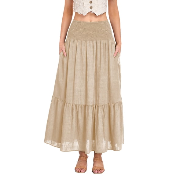 GJSYRH Women's Summer Casual Elegant Smock Layered Tiered Maxi Skirt High Waisted A Line Flowy Long Skirts with Pockets Beige S
