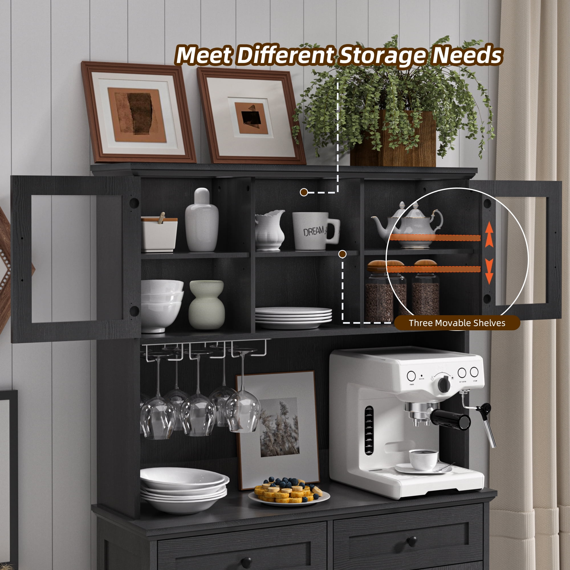 HARIPUL 2-in-1 Kitchen Trash Cabinet & Pantry Cabinet, 13 Gallon Garbage Can, Freestanding Tilt Out Storage Cabinet w/ Shelves for Kitchen & Living Room, Black