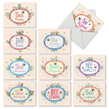 M6548TYG M6548TYG Let It Bee' 10 Assorted Thank You Greeting Cards Featuring Sweet Bumblebees Combined with Floral Frames and Cute Bee Sayings with Envelopes by The Best Card