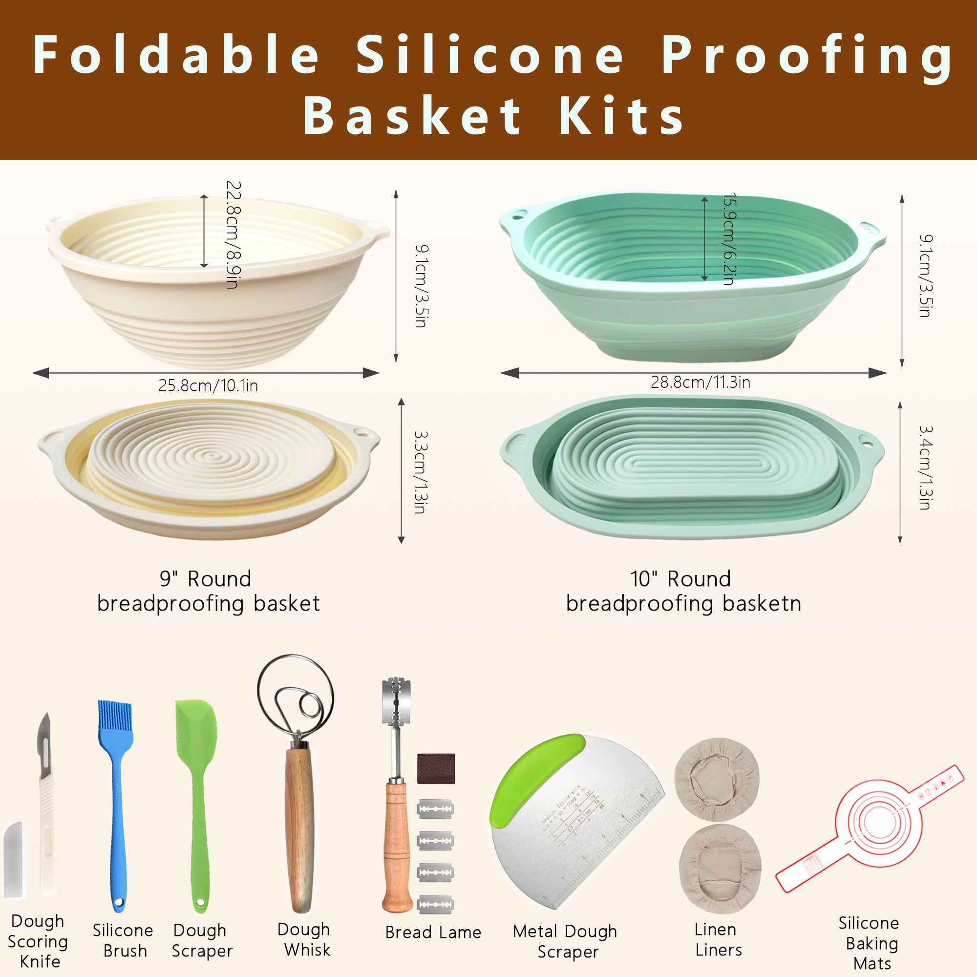 Livease Silicone Bread Banneton Proofing Basket Sets w/Liners & Baking Mats, Sourdough Starter Kit