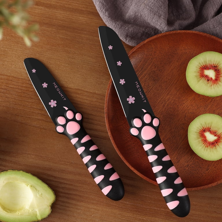 Meowkit 3-Piece Knife Set with Pink Cat Paw Handle and Black Non