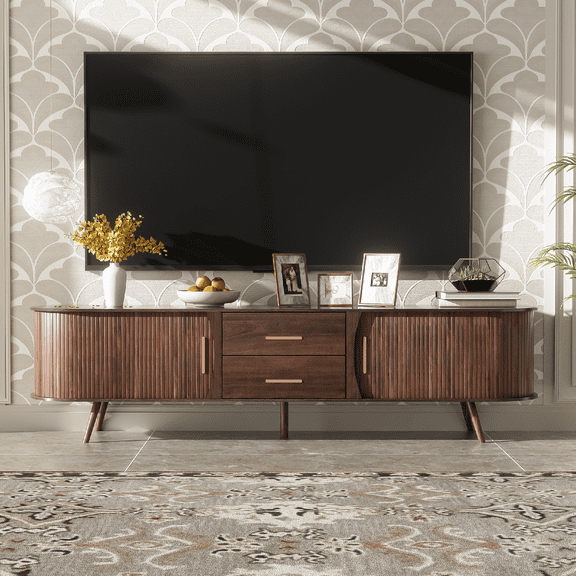 Mid-Century Modern TV Stand for TVs up to 80", Wood Entertainment Center with Sliding Doors and 2 Drawers, Media Console for Living Room, Brown