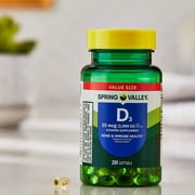 (3 pack) Spring Valley Vitamin D3 Softgels, 25 mcg (1000 IU), 200 Count, Supplement for Bone and Immune Health
