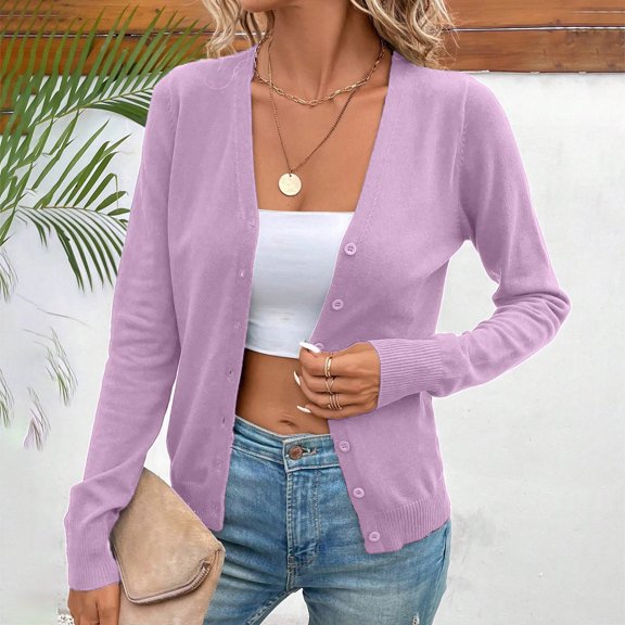 GEWSEY Women's Button Down Crew Neck Long Sleeve Soft Knit Cardigan Sweaters (Light Purple, M)