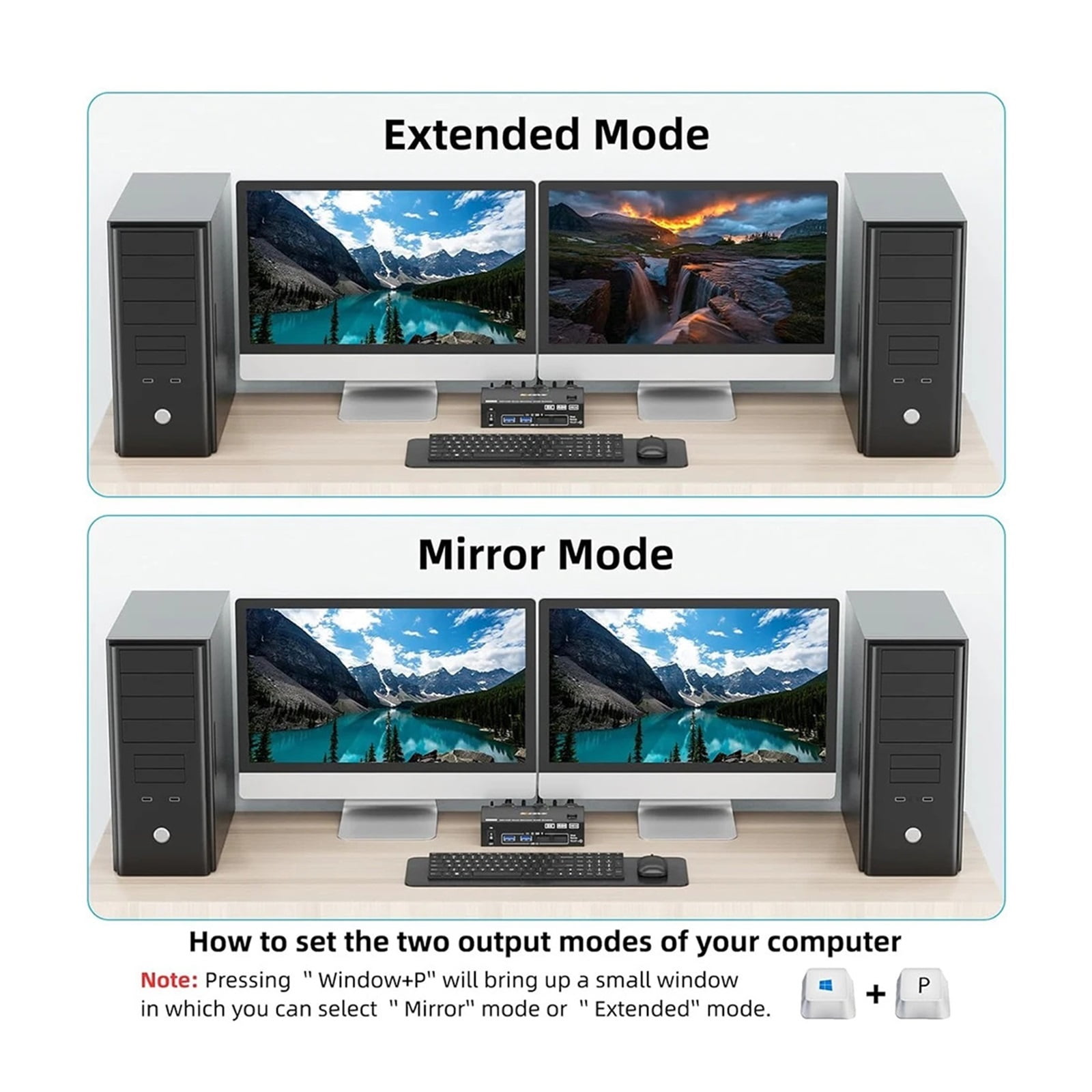 Dual Monitor KVM Switch 2 Port 8K@60Hz 4K@144Hz -Compatible+DP USB 3.0 Switch Extended Display 2 Monitors 2 Computers