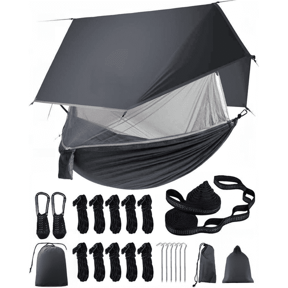 Camping Hammock with Mosquito Net and Rain Fly Portable Lightweight Outdoor Tree Hammock Tent with 20 Ft Straps Grey Bundle