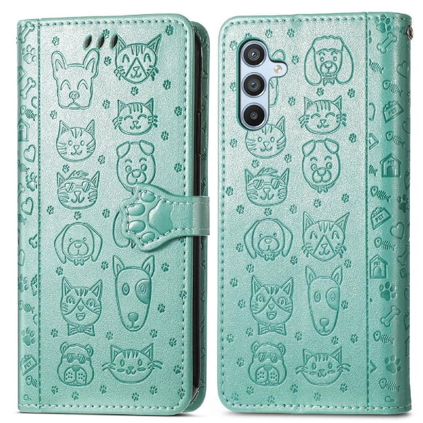 Funda Cartera FOXDOCK para Samsung Galaxy A14 4G , Flip PU con Relieve de Gatos y Perros, Tarjetero y Soporte