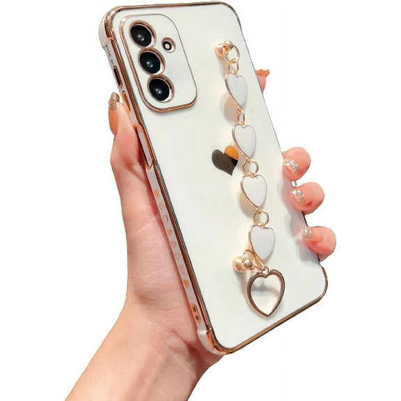 Compatible with Samsung Galaxy A14 5G Phone Case with Heart Bracelet Strap Luxury Plating Cute Love Heart Case Hand Chain Case Soft Case for Galaxy A14 6.6 inch (White)