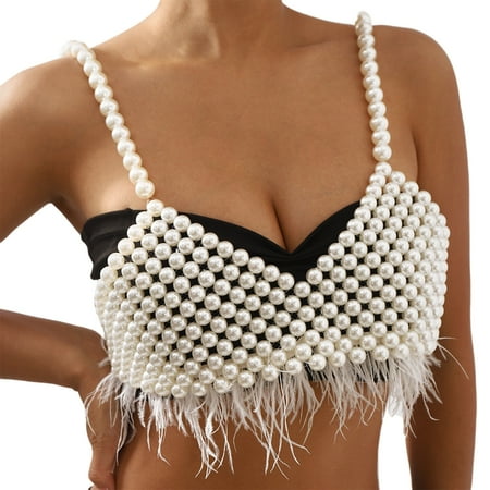 Aellinatey Women Pearl Beaded Jewelry Crop Top with Feather Tassels Body Chain Camisole