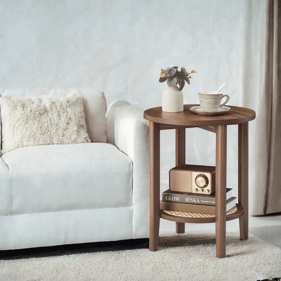 LEDREM 2-Tier Round End Table with Rattan Shelf, Boho Nightstand for Small Spaces, Living Room, Bedroom and Home Office, Black Walnut