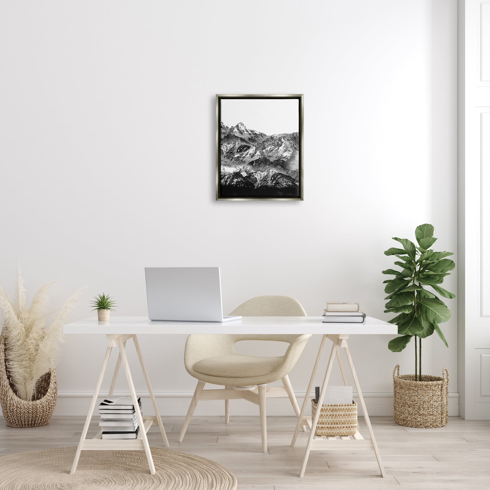 Stupell Industries Snow Cap Mountains High Contrast Black White Landscape Luster Gray Framed Floating Canvas Wall Art, 16x20, by Shelley Lake