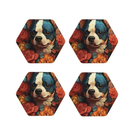 

Matuu Vintage Colorful Flower French Bulldog for Cup Coasters Set of 4 Leather Coasters Desk Coasters for Office Measures 4” x 4”-Hexagon