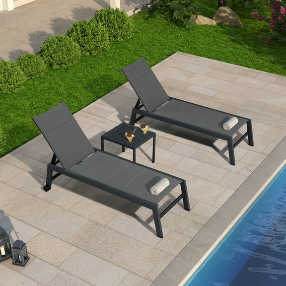 PURPLE LEAF Outdoor Chaise Lounge Set of 3 Aluminum Patio Lounge Chair with Wheels and Side Table Pool Chaise Lounge Chair for Outdoor Backyard Poolside Gray