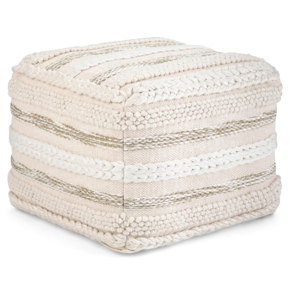 Simpli Home Sommer 18 inch Wide Boho Square Pouf in Natural Handloom Woven Cotton