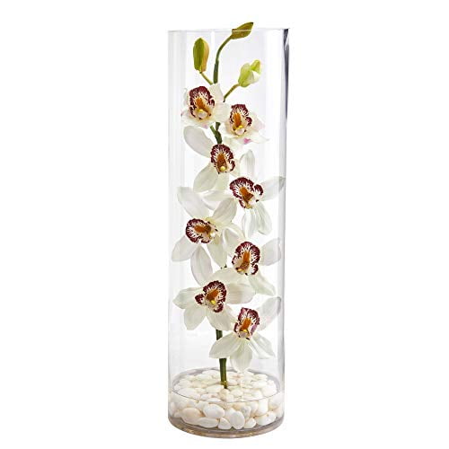 Nearly Natural 1710-WH Cymbidium Orchid Artificial Tall Cylinder Vase Silk Arrangements, White