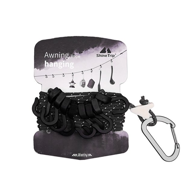 Tignapoo Outdoor Camping Clothesline 4.30m with Hooks for Hanging Gear - Reflective Nylon and Polyester Drying Rope in Black, Lightweight and Durable for Hanging Kitchenware and Essentials