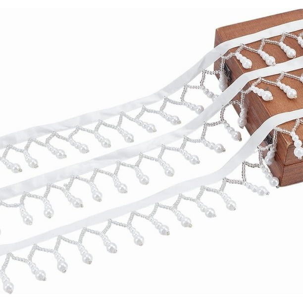 3,3 yardas de flecos de borla de perlas blancas de 45 mm/1,8 pulgadas, cinta con borla colgante de perlas, adorno de flecos para coser con perlas.