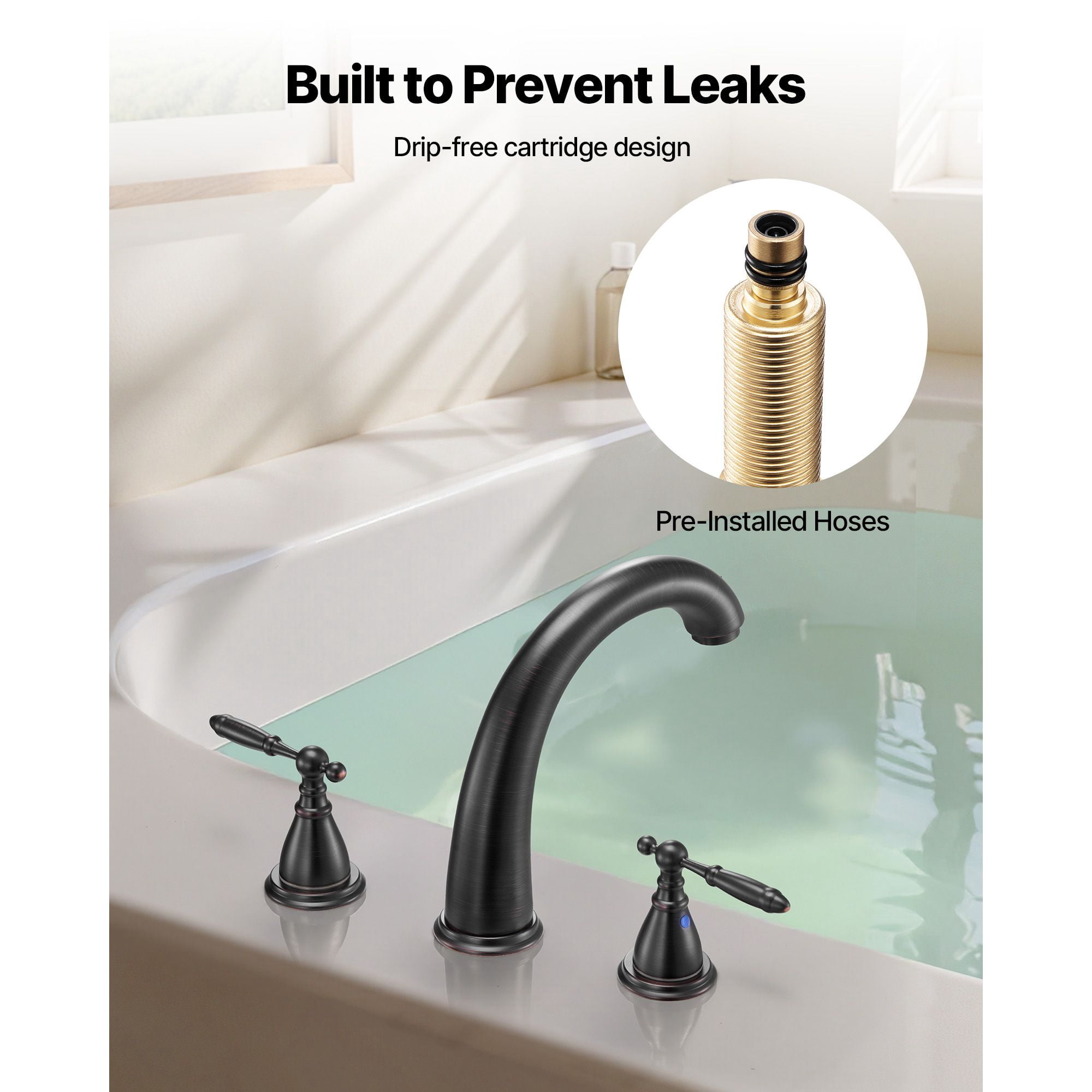 Roman Bathtub Faucet 4.36 GPM High-Flow 3-Hole Deck Mount Stainless Steel Dual Handles for Bathroom Bathtub