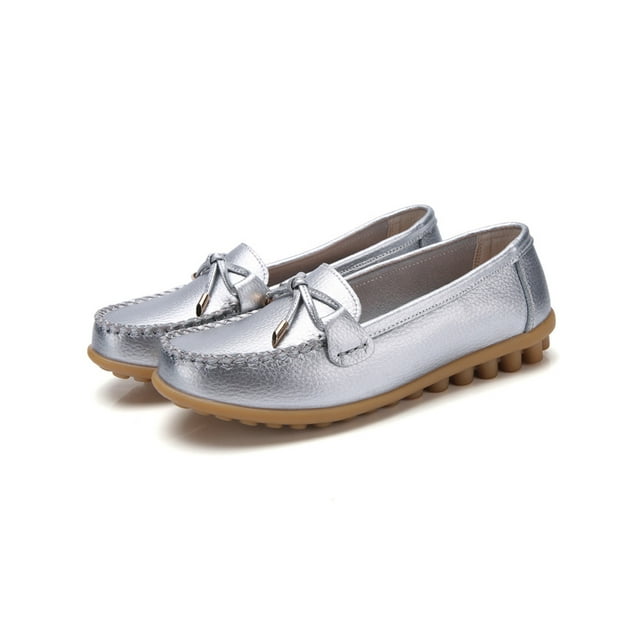 MAWCLOS Ladies Moccasins Comfort Nursing Shoes Slip On Resistant Loafers Bow Work Boat Shoe Silver 8.5