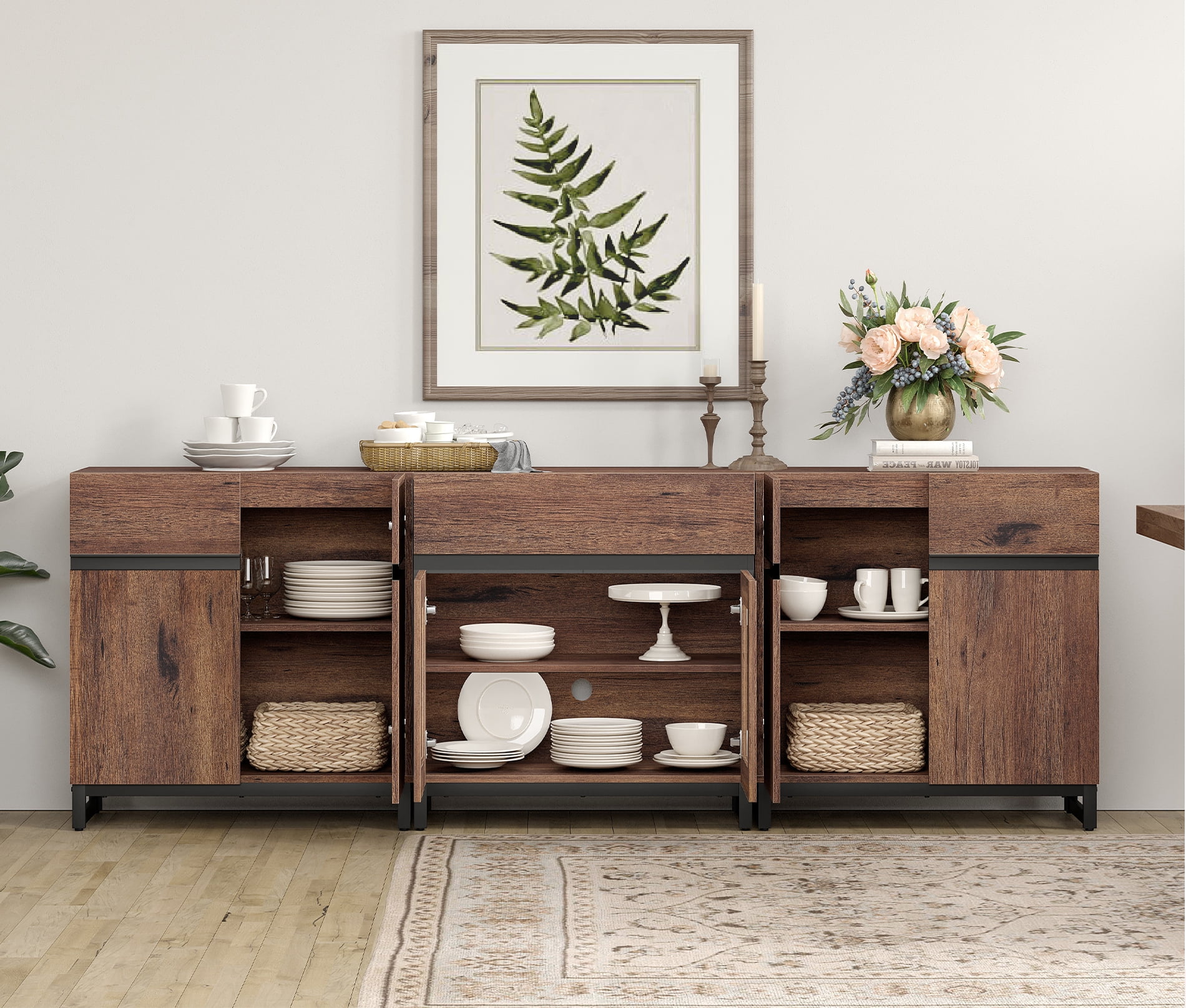 3 In 1 Sideboard Buffet Cabinets With Glass Doors And 1 Drawers, Modern Sideboard Credenza With Adjustable Shelf And Metal Base, Coffee Bar Cabinet Storage Cabinet,Brown
