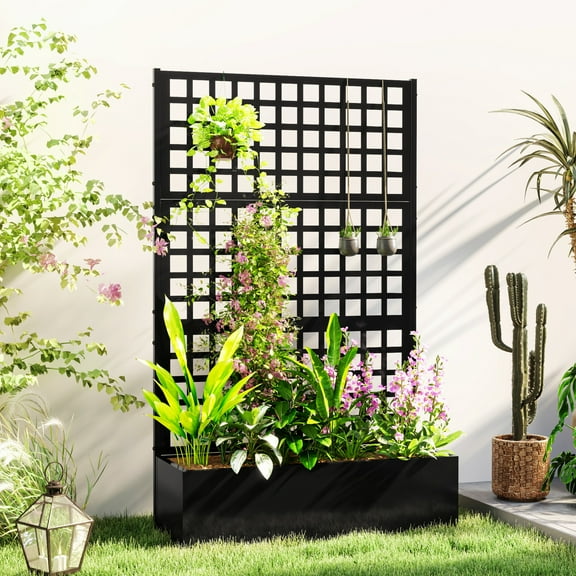 Outsunny Galvanized Raised Garden Bed with Trellis and Drainage Holes for Climbing Plants, Vegetable, Vines, 43" x 16" x 70", Black