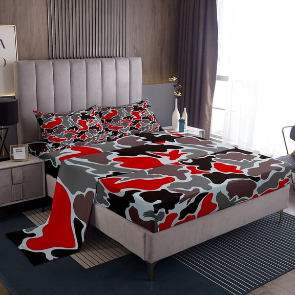 Erosebridal Red Gray Camo Twin Sheet Sets, Aesthetic Camouflage Bedding Twin Size 3pcs