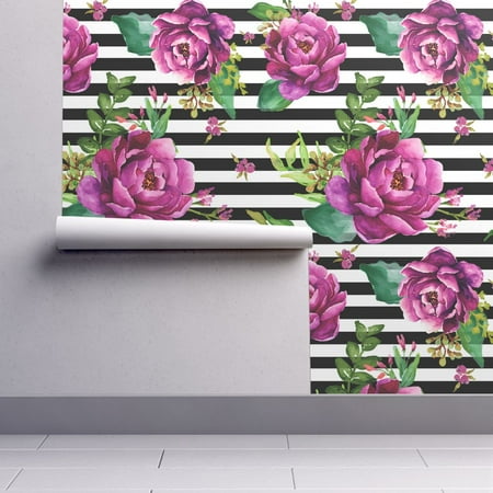 2 Black Striped Wallpaper Rolls - Wallpaper Roll or Sample: Stripes Pink Fuschia Floral Flowers Black And White