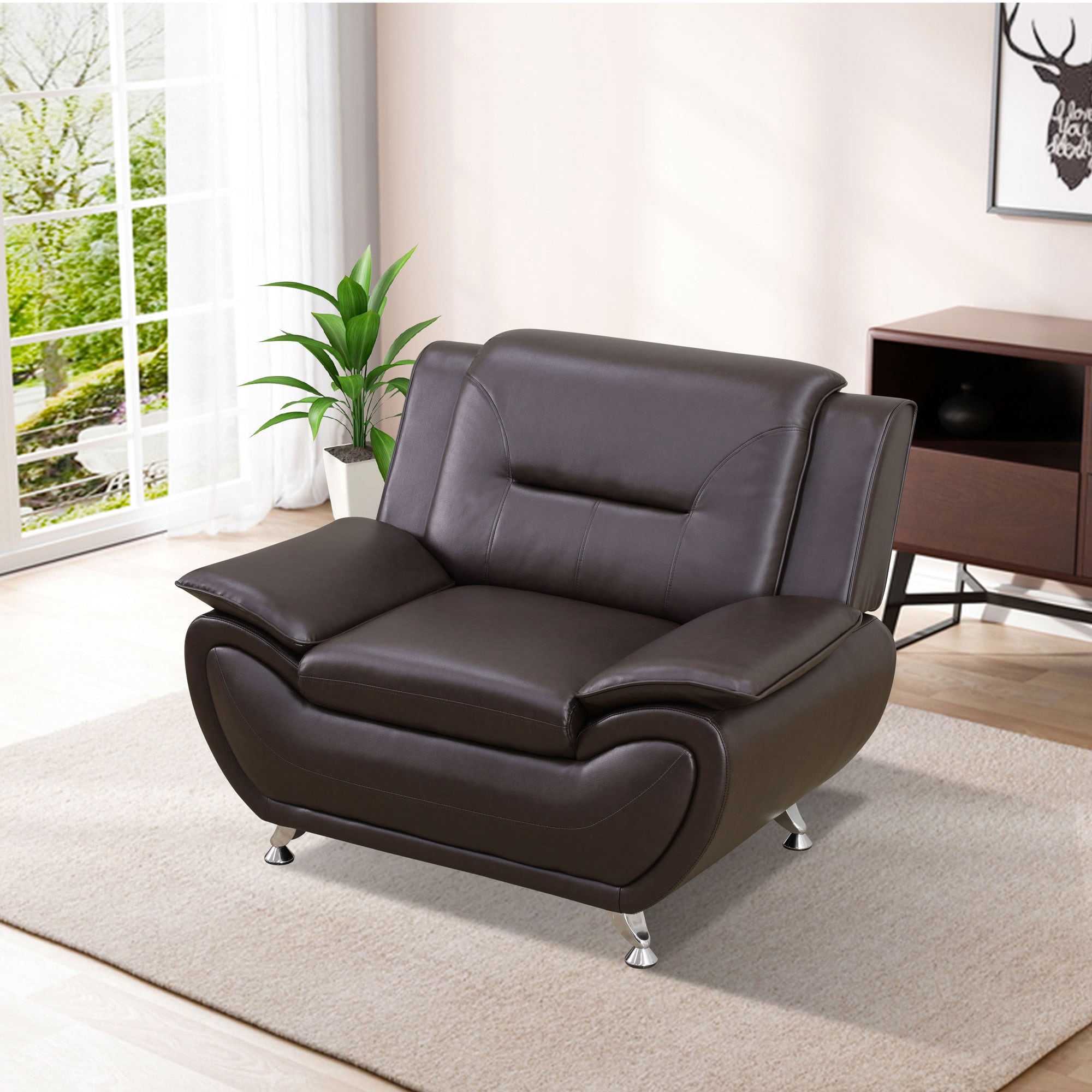 MAYEERTY Leather Accent Chair, Sofa Chair with Anti-Insect Solid Wood Frame Living Room Chair, Brown
