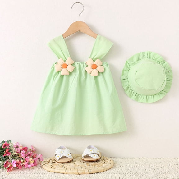 Toddler Kids Baby Fashion Cute Sleeveless Sweet Flower Print Dress Hat Set