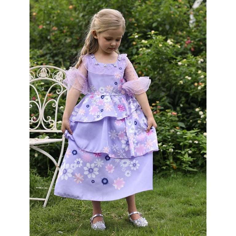 YOSICIL Encanto Isabela Prinzessinnenkleid – Lila, Mit Blumenprint – Inkl. Accessoires – Für Halloween, Karneval, Geburtstag – Größe 150