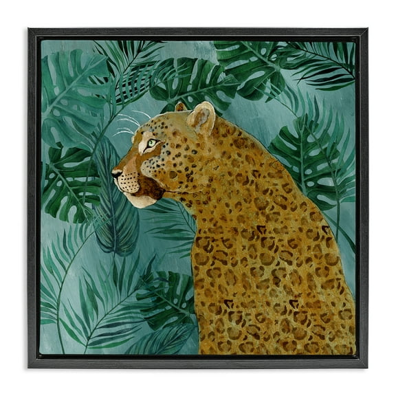 Stupell Industries Monstera & Palms Cheetah Animals Painting Black Floater Framed Canvas Art Print Wall Art, 18 x 18