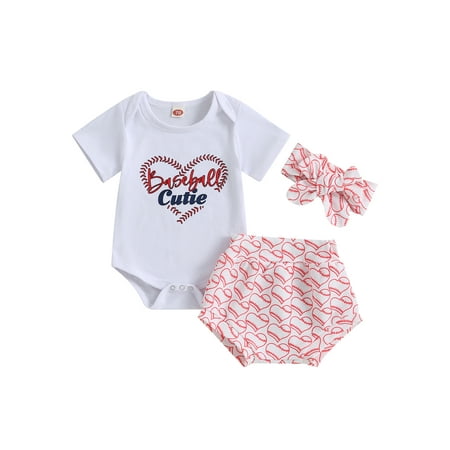 

Qtinghua Newborn Baby Girl Clothes Letter Print Short Sleeve Romper Tops Baseball Shorts Headband 3Pcs Summer Outfits White 18-24 Months
