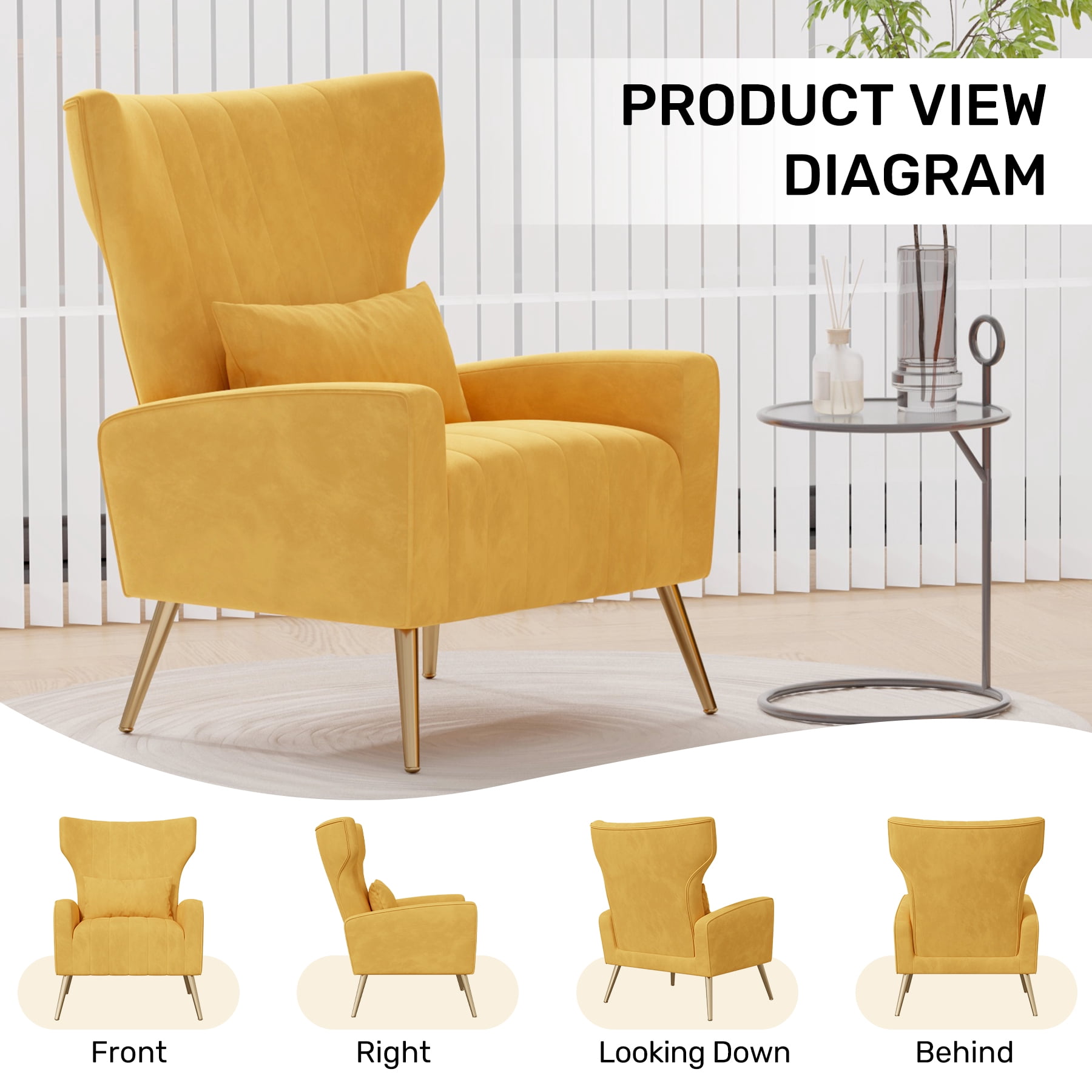 MOONMISS Velvet Accent Chair for Living Room, Modern Arm Chair with Pillow, Single Sofa Lounge Chair for Bedroom & Reading Room,Yellow