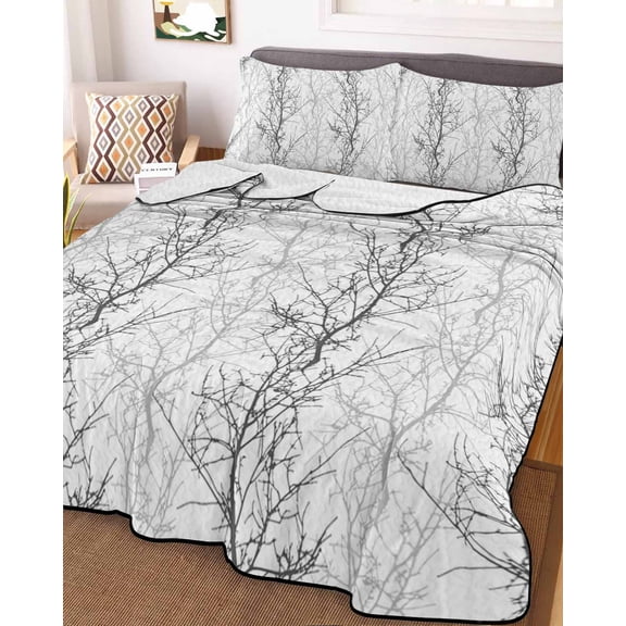 Black Gray King Size Down Alternative Comforter, Lightweight Comforter Quilt Bedding Set with Pillow Shams Pastoral Botanical Branch Aesthetics All Seasons Bed Comforter Duvet Insert 96"x106"